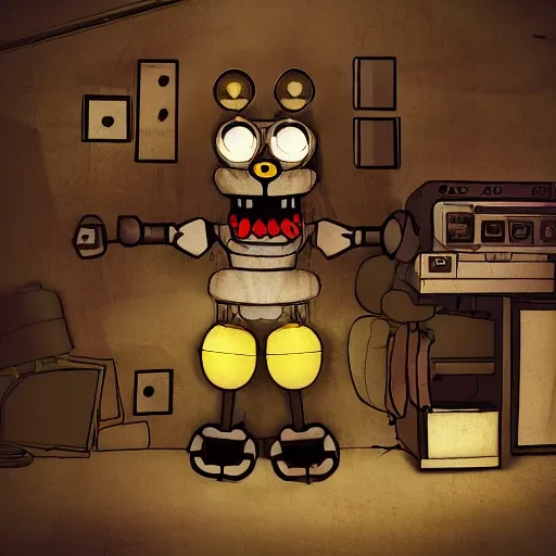 Image similar to a broken animatronic in a part of service room fnaf style digital art