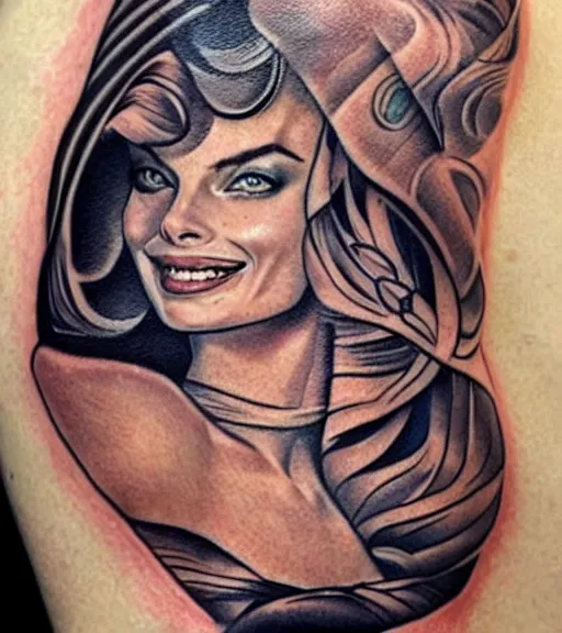 Prompt: tattoo design sketch of margot robbie and beautiful mountain scenery mash up, in the style of matyas halasz, surrealist, amazing detail, sharp