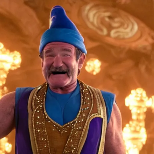 Image similar to a still of Robin Williams as Genie in Aladdin (2019)