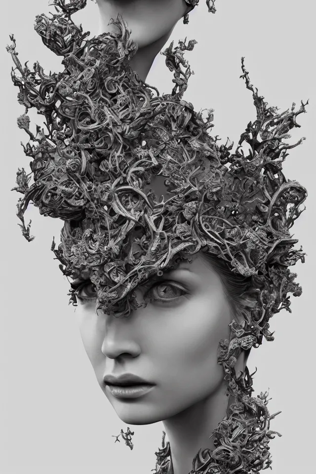 Prompt: a sculpture made of vine, bust, single portrait, lady, future, fashion, harper's bazaar, vogue, magazine, insanely detailed and intricate, concept art, ornate, luxury, elite, elegant, trending on artstation, by Ruan Jia, Kenneth Willardt, Ross Tran, WLOP, Andrei Riabovitchev.