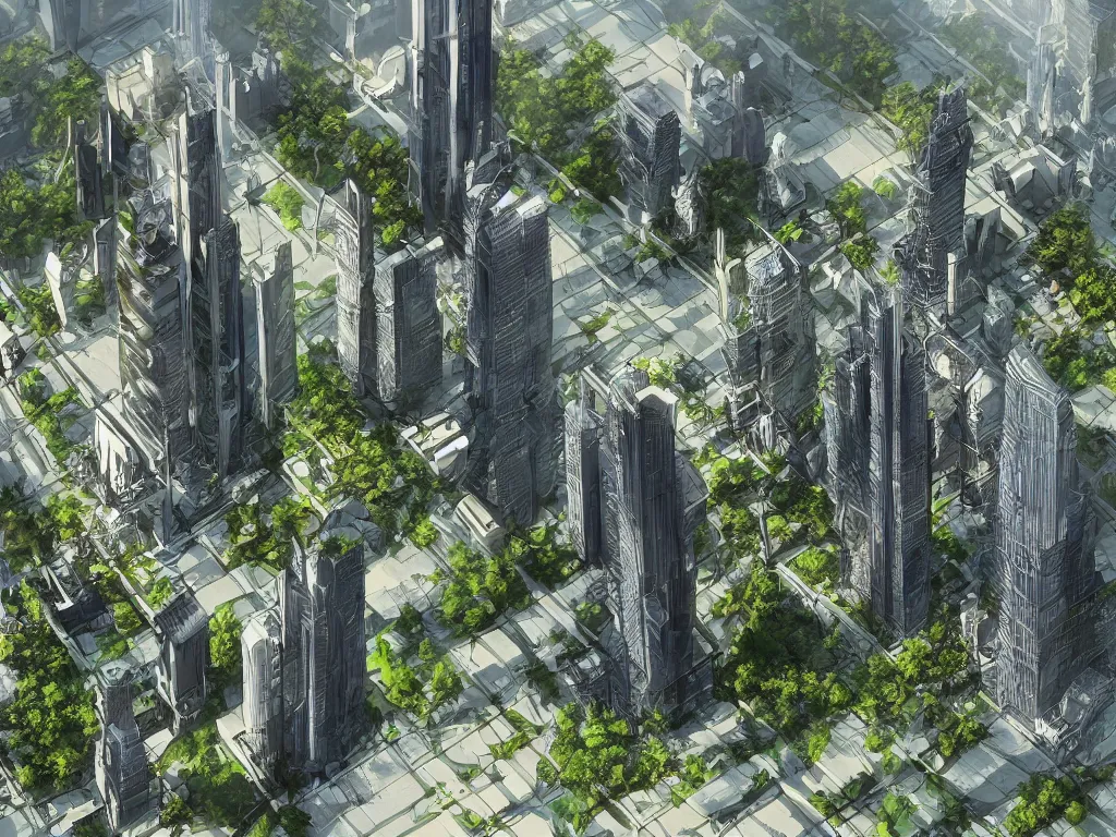 Prompt: a solarpunk cityscape in the forest, skyscrapers, redwoods, concept art, architectural concept diagram