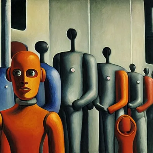 Image similar to robots queue up for eye scanner, grant wood, pj crook, edward hopper, oil on canvas