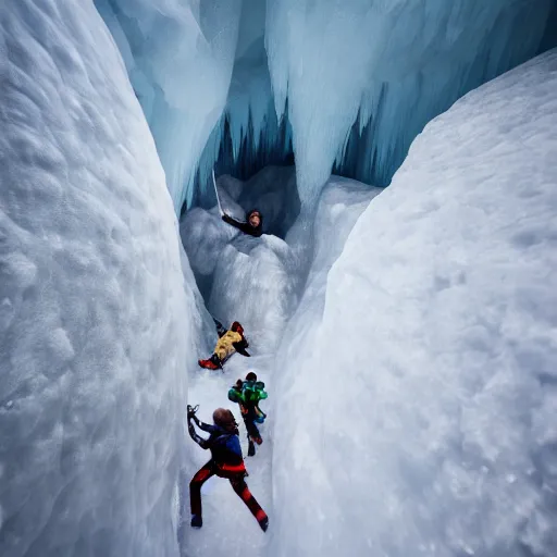 Prompt: photo realistic explorers climbing through massive ice cave --n 6