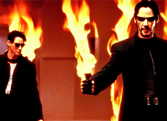 Image similar to Movie still of Keanu Reeves as Neo in The Matrix movie doing a thumb up to the camera in front on burning servers, servers in flames in the background, doing a thumb up, The Matrix servers on fire, Keanu Reeves thumb up, Neo thumb up, doing a thumb up, thumb up, uncropped, full body, crispy, symmetrical face, ultra detailed, cinematic, thumb up, double thumb up to the camera