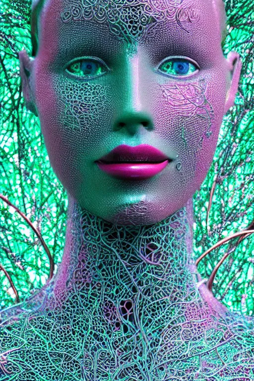 Image similar to a melancholic realistic 8k sculpture of a complex robotic human face, liquid metal simulation, bright psychedelic neon colors, dark dramatic lighting, hexagonal mesh wire, filigree intricate details, cinematic, fleshy, red blossoms, green ivy, elegant, 50mm lens, DOF, octane render, art nouveau, 8k post-processing, intricate art by greg rutkowski