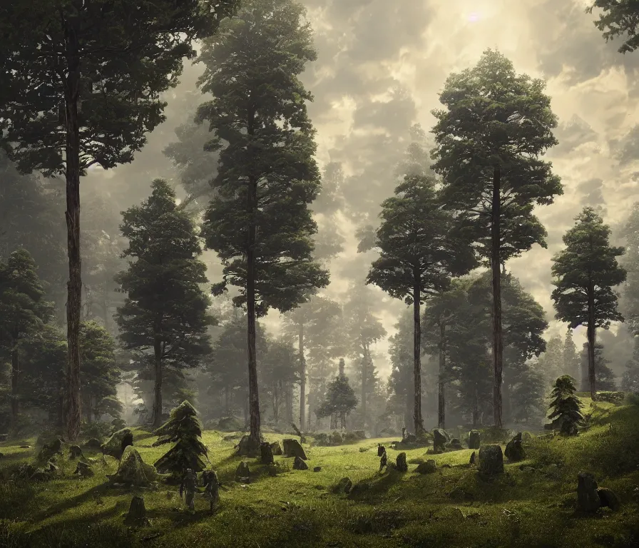 Image similar to a beautiful hyperrealistic detailed 3 d render of colossal golems guarding a wall of infinite pine trees, by roberto robert, anton otto fischer, atey ghailan, unreal engine, octane render, epic, 3 d, intricate, ultra wide, artstation, volumetric lighting, hdr, polished, micro details, ray tracing, 8 k