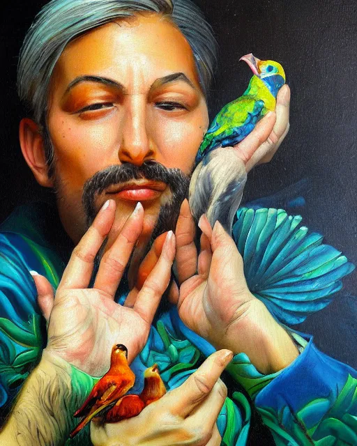 Image similar to a realistic stylized phychedelic painting of a man holding a bird in his hand, an oil painting by benito quinquela martin, behance contest winner, american scene painting, oil on canvas, detailed painting, art