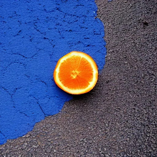 Image similar to A blue orange sliced in half laying on a blue floor in front of a blue wall