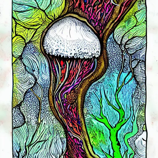 Image similar to detailed drawing of a white oyster mushroom fruiting from a tree trunk, psychedelic colors, tye dye