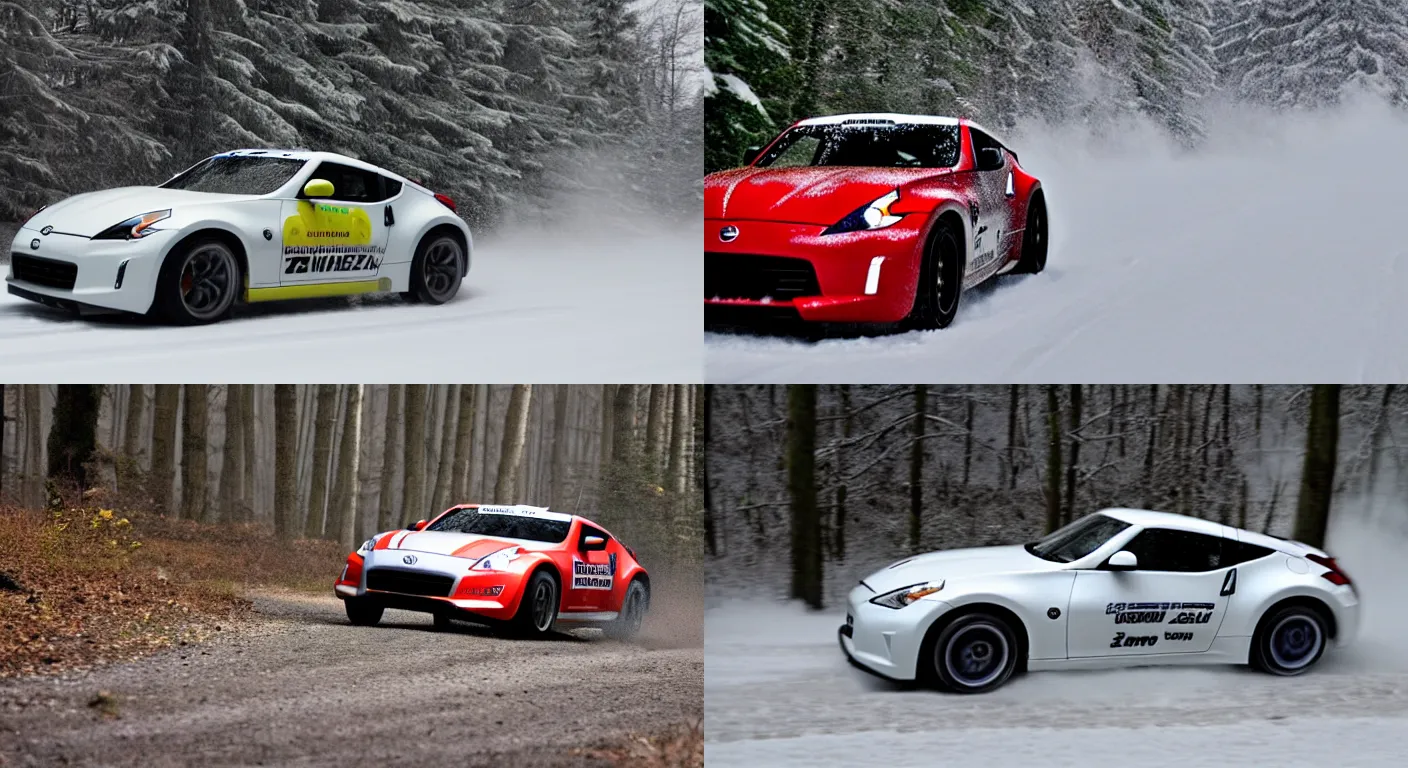 Prompt: a 2 0 1 0 nissan 3 7 0 z, racing through a rally stage in a snowy forest