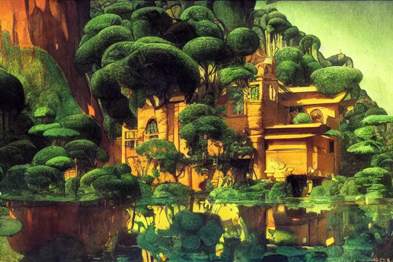 Image similar to a sandstone villa in the jungle,, glowing with silver light, painting by jean - leon gerome, illustration by winsor mccay, color by franz marc, today's featured anime still, architecture, 1 6 k