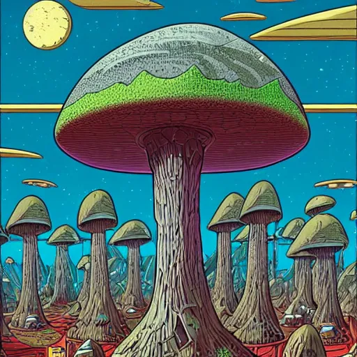 Image similar to a sci fi landscape with a giant mushroom kingdom by Dan Mumford