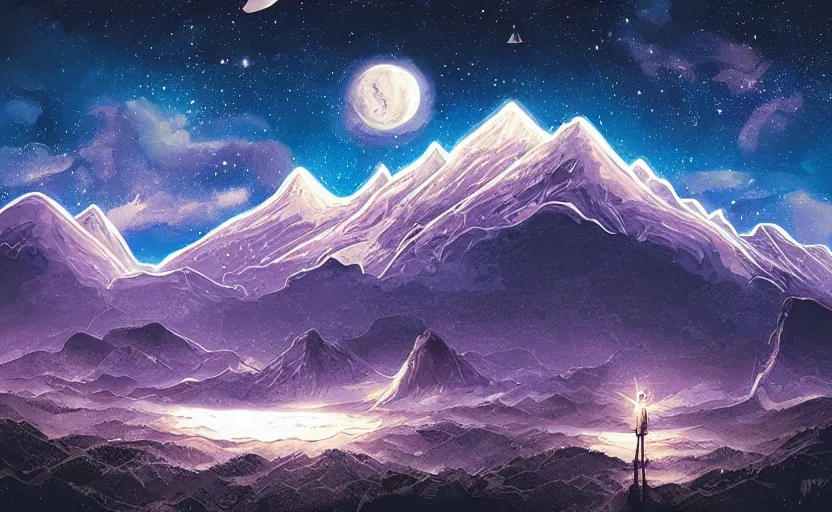 Prompt: mountains, stars and paisley filled sky, artstation, intricate, highly detailed, digital painting, concept art, sharp focus, illustration by Megan Duncanson and Yoshitaka Amano