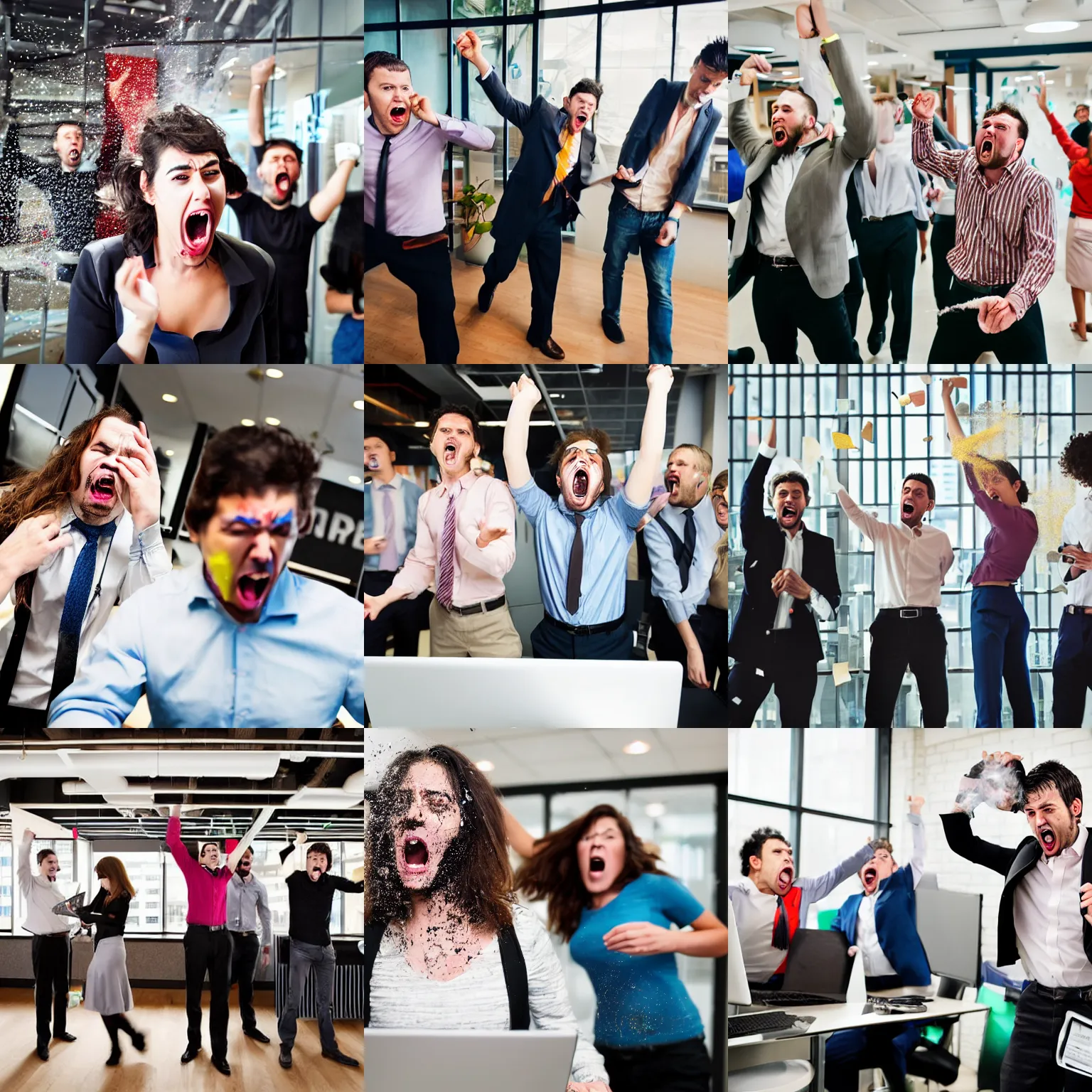 Prompt: unhappy business people throwing computers, screaming yelling, smashing things in their wework office. high resolution color magazine candid photograph.