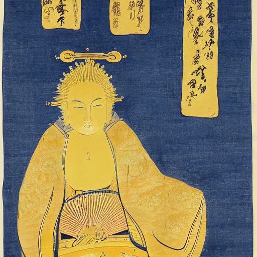 Prompt: a golden deity with the head of the baby harp seal, radiating golden light, wearing royal kimono, Japanese ink drawing from 1700