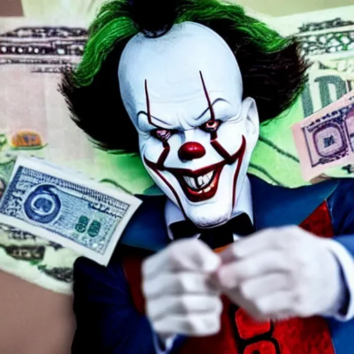 Image similar to Pennywise the clown wearing a suit and holding a banknote in his hands, full body shot, highly-detailed