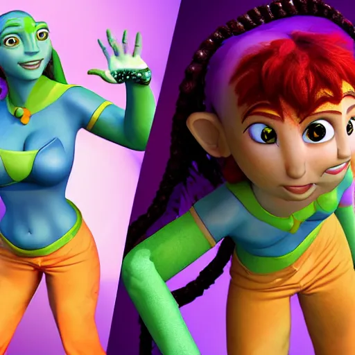 Image similar to christina hendricks as avatar nickelodeon characters, 3 d render, blender,