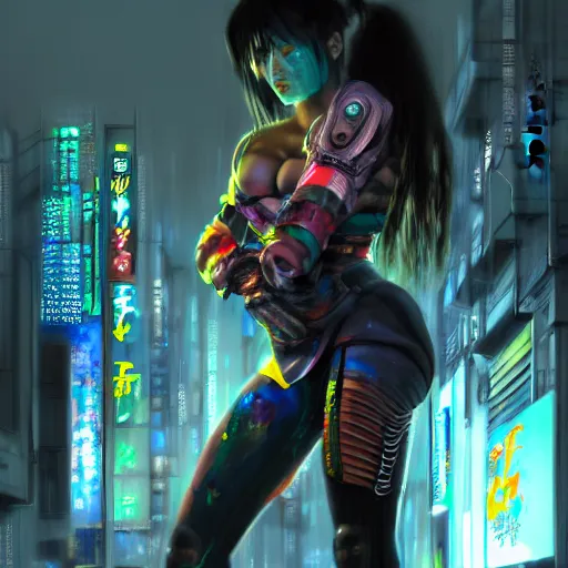 Prompt: An epic comic hyperrealistic painting of a cyber samurai girl, attractive, faces and details painted by painted by craig mullins, cyberpunk style color, heavy rainning at tokyo street night, neon lights all around, Matte painting, smoke, cinematic lighting, corona render, arnold render, movie concept art, 8k, RPG portrait, Concept world, rim lights, phtotrealistic, hdri
