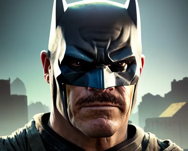 Image similar to highly detailed portrait of josh brolin as batman unmasked, in gta v, stephen bliss, unreal engine, fantasy art by greg rutkowski, loish, rhads, ferdinand knab, makoto shinkai and lois van baarle, ilya kuvshinov, rossdraws, tom bagshaw, global illumination, radiant light, detailed and intricate environment