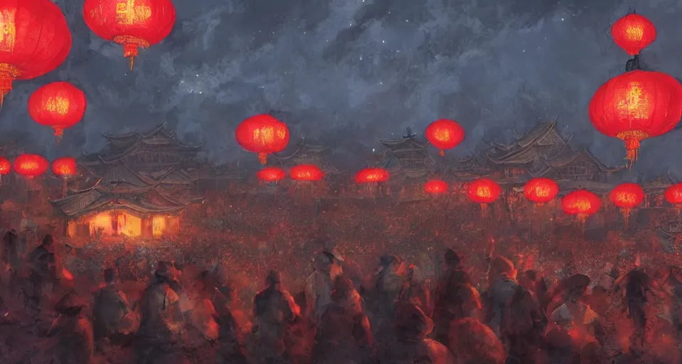 Image similar to craig mullins and ghibli digital art of zhongyuan festival in china ， red lanterns ， gohst door with fire in thes ky, black night sky, stars, below is the crowd, rivers, villages ， unreal engine, hyper realism, realistic shading, cinematic composition, realistic render, octane render, detailed textures, photorealistic, wide shot