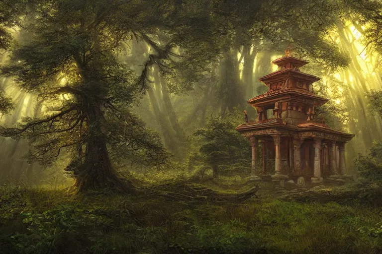 Image similar to Ancient temple lost in the heart of the forest belonging to the ancient goddess of earth and trees | dramatic light | cinematic lighting | sunshafts, volumetric lighting | golden hour | style of donato giancola