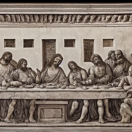 Prompt: on the wall of a stone temple, a large detailed stone carving of The Last Supper by Leonardo Da Vinci