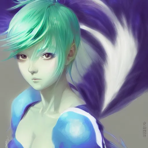 Image similar to portrait of anime pixie character with blue to green gradient hair, manga cover, highly detailed, digital painting, artstation, concept art, sharp focus, illustration, strong brush stroke, anime, art by greg rutkowski, ilya kuvshinov, sharp focus, ghibli studio, art by ilya kuvshinov, rossdraws