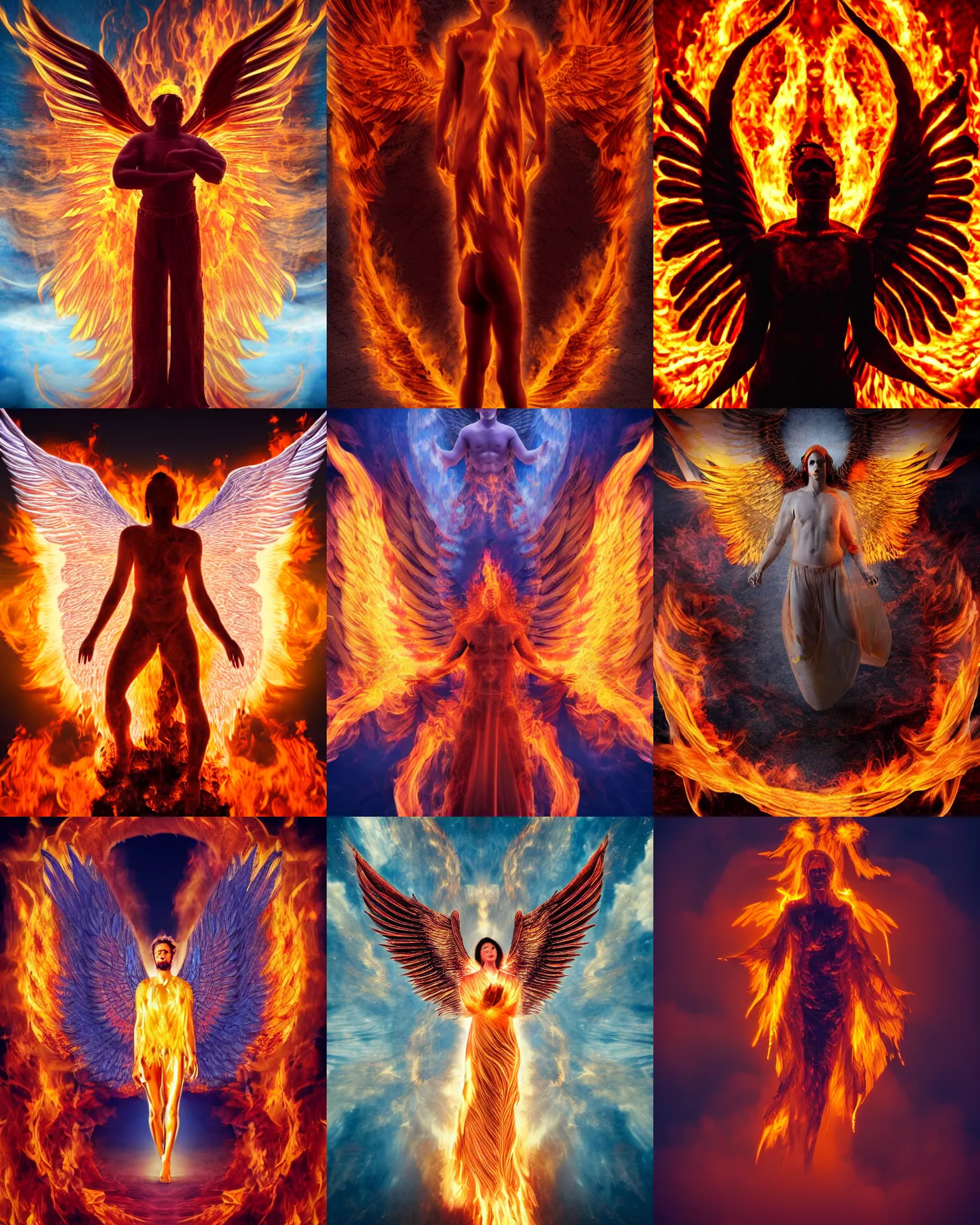 Prompt: photo of angelic fiery male seraphim, male humanoid figure made of fire, wings of fire, halo of fire, body of pure fire, surreal, ethereal, divine, surrounded by flames, descending from the heavens, cinematic, dramatic, sublime, wide angle, photographic, realistic, 8 5 mm lens