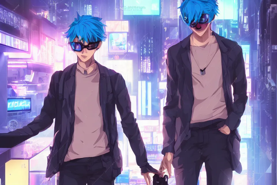 Prompt: anime, game, modern American cyberpunk handsome attractive skinny young man with eyeglasses blue hair on the street in the night, bright lighting, high quality, ultra detailed , full body