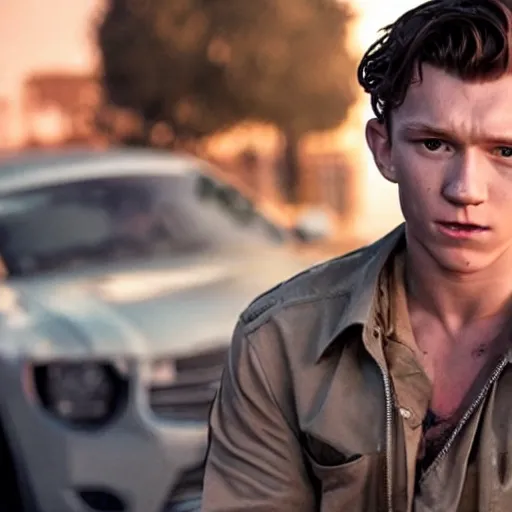 Image similar to film still of tom holland as maverick in too gun