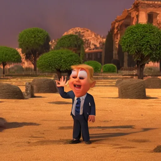 Prompt: Still from pixar movie about an Tiny Donald Trumps invasion Ancient Athens, UFOs, portrait, intricate, 8k highly professionally detailed, HDR, CGsociety