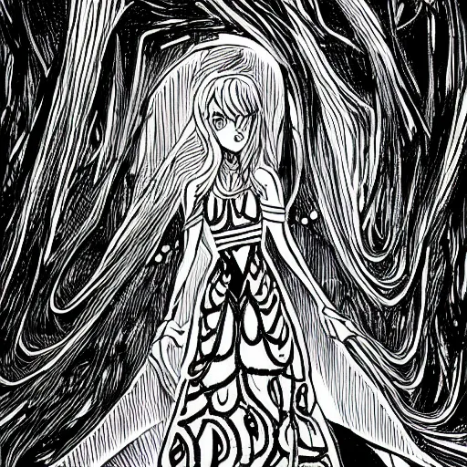 Prompt: intricate lineart drawing of a girl in black dresss standing in the abyss, black ink, manga style, with evil eyes and long scary hands in the background, featured on pixiv, sharp lines, high resolution