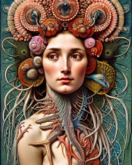 Image similar to hyperrealistic detailed face side portrait of the beautiful goddess of the fish skeletons with an intricate headgear of corals, sea kelp, sea plants, fish, starfish, jellyfish, art by ernst haeckel, john william godward, android jones, alphonso mucha, h. r. giger, gothic - cyberpunk, ornamental, beautiful deep colours,