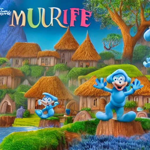 Image similar to the smurf village, artwork by disney