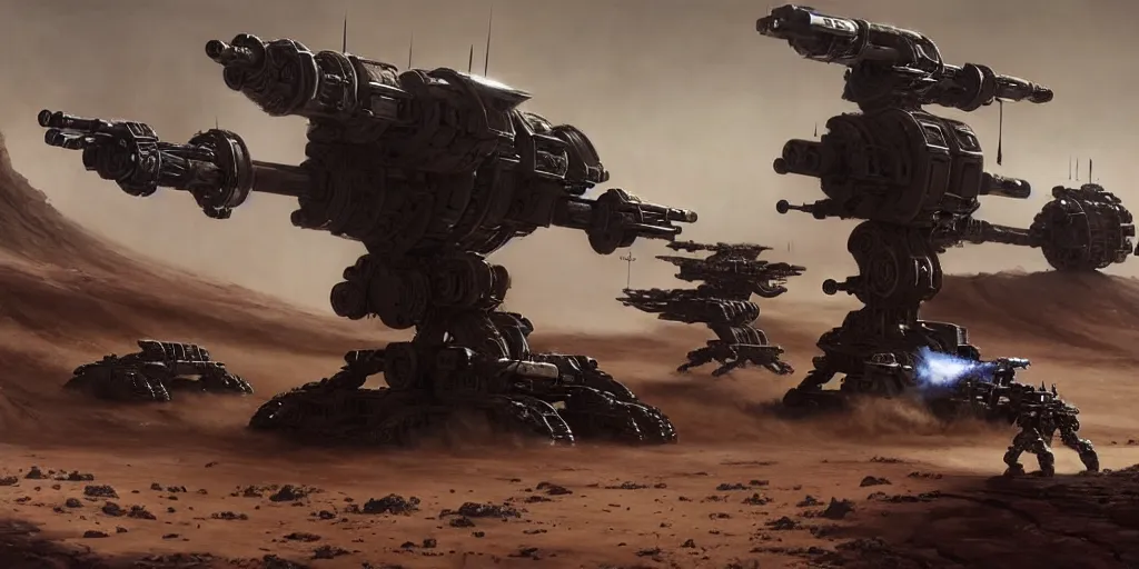 Image similar to hyper realistic sci - fi matte concept art painting of epic cinematic battle between mechwarriors and soldiers fighting on mars, guns, missiles, explosions, beautiful details, strong composition painted by kim jung guweta studio rutkowski, james gurney and greg rutkowski, and lucasfilm, smooth, intricate, detailed, sharp focus, cinematic