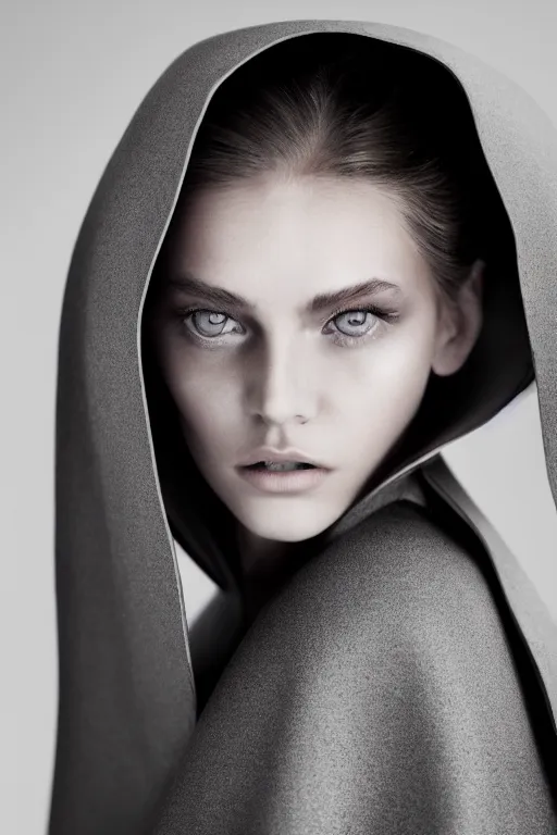 Prompt: A still frame of a girl wearing grey cape featured in Vogue and GQ editorial fashion photography, beautiful eye, symmetry face, haute couture dressed by Givenchy and Salvatore Ferragamo, Canon EF 85mm f/1.4L IS USM, in porcelain and metal and lush branch