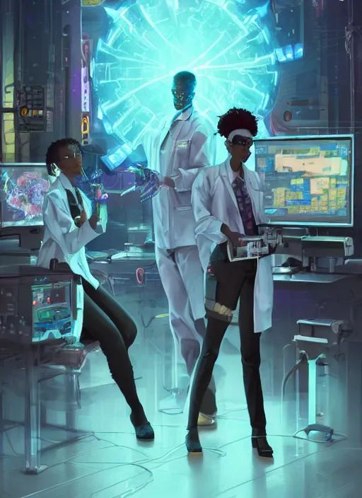 Image similar to afro - cyberpunk scientists in lab coats, cybernetic limbs and holograms, hacking the metaverse | hyperrealistic oil painting | by makoto shinkai, ilya kuvshinov, lois van baarle, rossdraws, basquiat | afrofuturism, in the style of hearthstone, trending on artstation | dark color scheme