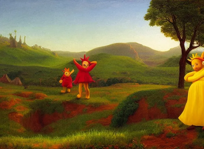 Image similar to american realist romanticism landscape painting of teletubbies in the style of hudson river school and thomas cole and albert bierstadt and robert duncanson