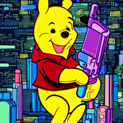 Prompt: Winnie the Pooh as cyberpunk gangster style with pistol, digital art, sharp, bright colors