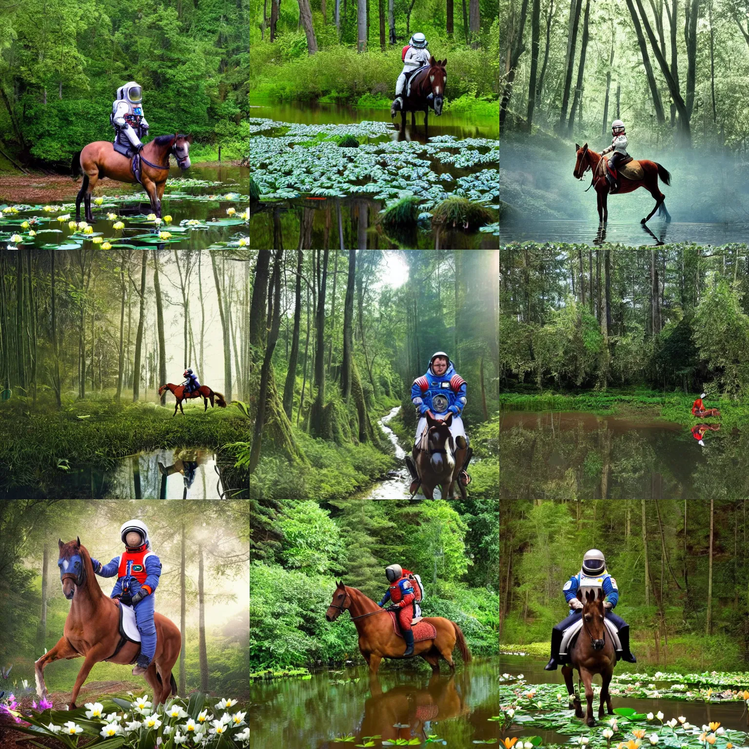 Prompt: A photo of an astronaut riding a horse in the forest. There is a river in front of them with water lillies.