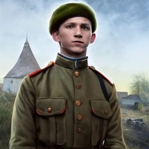 Prompt: fullbody portrait of tom holland wearing russian ww 1 clothes, with black beanie on head, white thatch houses in village at background, style ivan talavera and artgerm, radiant lighting, hyper realistic, photorealistic, octane render, trending on artstation, cgsociety, cinematic light, global illumination