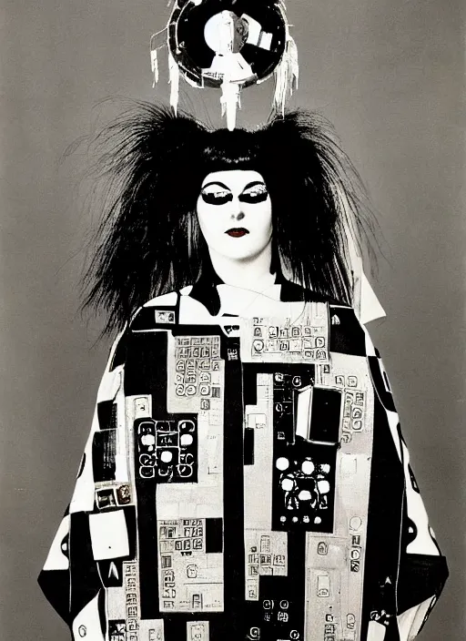 Prompt: Portrait of a punk goth fashion fractal cosmonaut girl wearing kimono made of circuits and leds, surreal photography by Man Ray