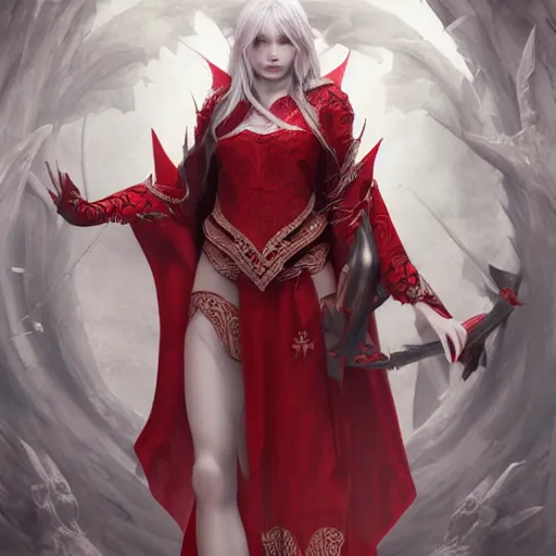 Prompt: design ancient hybrid majestic elf wizard red and silver robe full portrait three sides concept art, intricate artwork masterpiece, very coherent artwork, cinematic, very coherent artwork, trending on cg society, ultra high quality model, production quality cinema model, high detail , octane render, hyper realism, high detail, octane render, High contrast, highly detailed