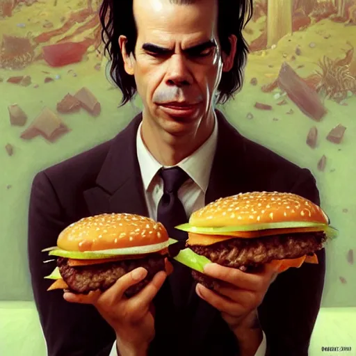 Image similar to portrait of nick cave eating hamburgers, extra onions and ketchup, luscious patty with sesame seeds, feminine ethereal, handsome, d & d, fantasy, intricate, elegant, highly detailed, digital painting, artstation, concept art, matte, sharp focus, illustration, art by artgerm and greg rutkowski and alphonse mucha