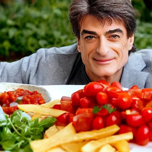 Prompt: mehmet oz lying down in oversized dish of vegetables and salsa and chips, $ 2 0 bills on the dish