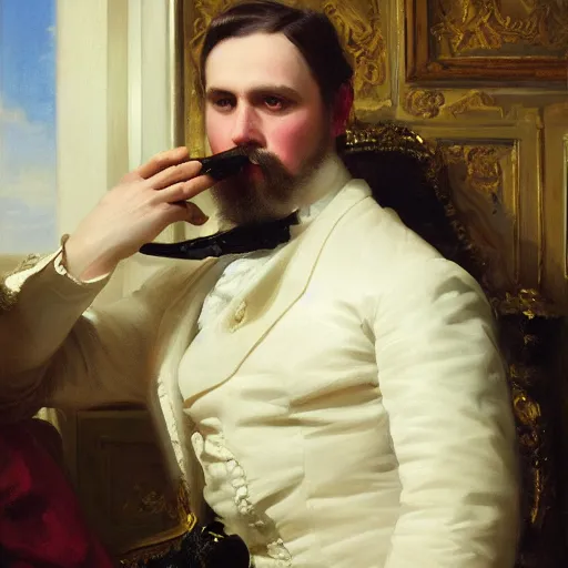 Prompt: a beautiful portrait of a victorian polar bear in his salon smoking a cigar by Franz Xaver Winterhalter, oil on canvas, trending on Artstation