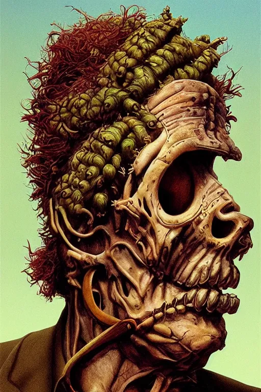 Prompt: realistic vibrant ultra clear sideview waist up portrait of mysterious hybrid hop human!!! leatherface texas chainsaw massacre hop by marc simonetti mike mignola jeff easley peter elson rene magritte, embellishments by maria sibylla merian, symmetry face, baroque, gothic, surreal, highly detailed, intricate complexity, epic composition, masterpiece award winning artstation