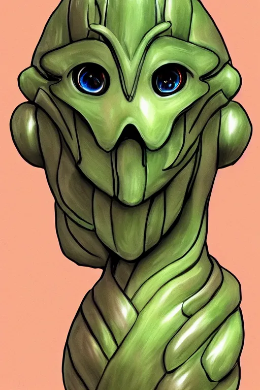 Image similar to a humanoid figure alien with an artichoke for a head, highly detailed, digital art, sharp focus, trending on art station, anime art style