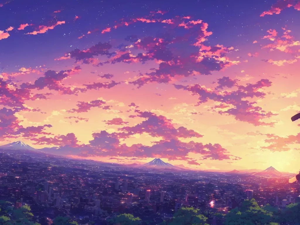 anime, sunset, lake, digital art, clouds, sky, sunset glow, mountains,  water, street light, signature, stars | 3072x4879 Wallpaper - wallhaven.cc