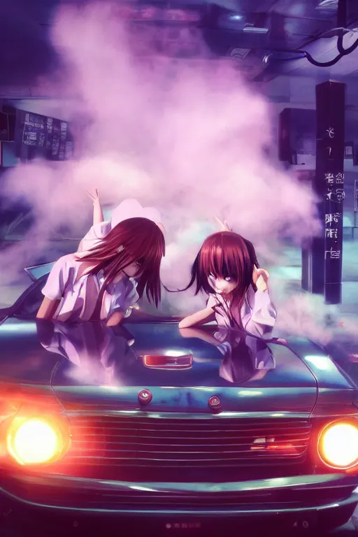 Image similar to 3D anime poster by D. Jun, by Mo Xiang Tong Xiu, Unreal Engine Infrared photo, beauty anime schoolgirls in Japanese maid's clothes and hugging inside a JDM car at night in a parking lot, anime vintage colors, polaroid, foggy, smoke, daz 3d, octane render, trending on artstation, volumetric light, cinematic render, ultra realistic, oil painting